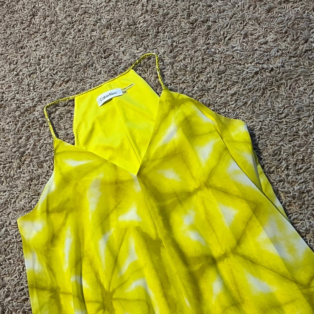 Calvin Klein Yellow Tie Dye Halter Chiffon Dress Petite 10P Sleeveless A-Line